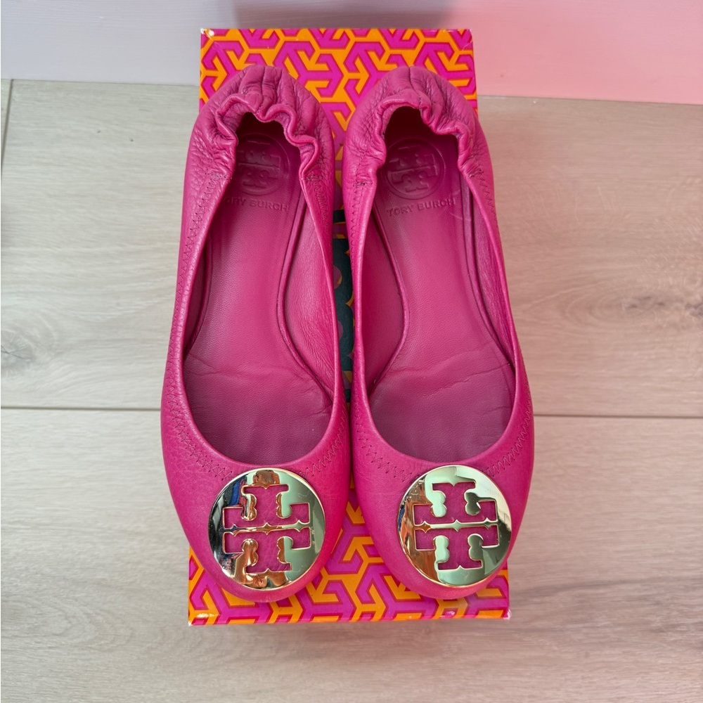 Tory Burch Hibiscus/Pink Reva Flats with Gold Logo
